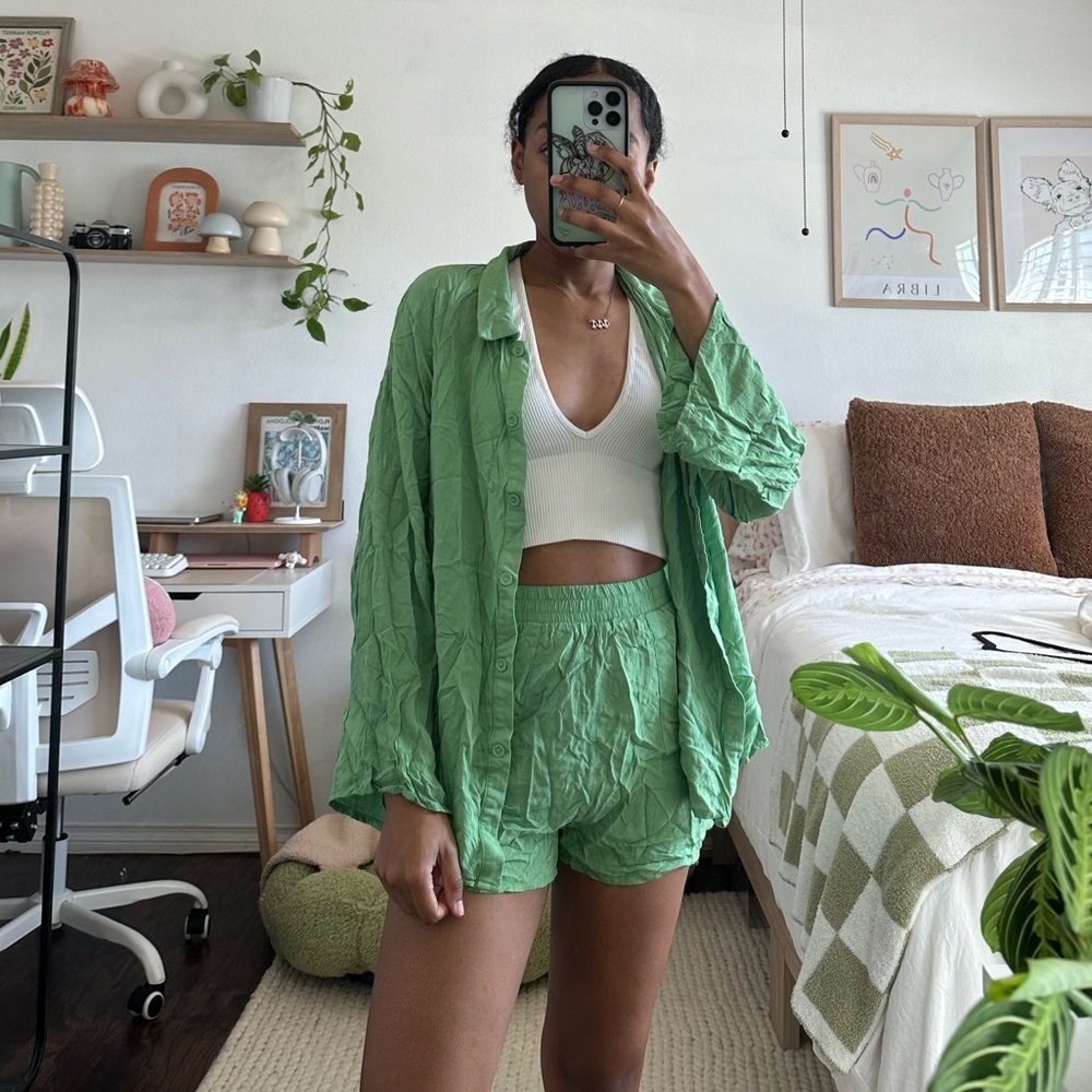 green button shirt
